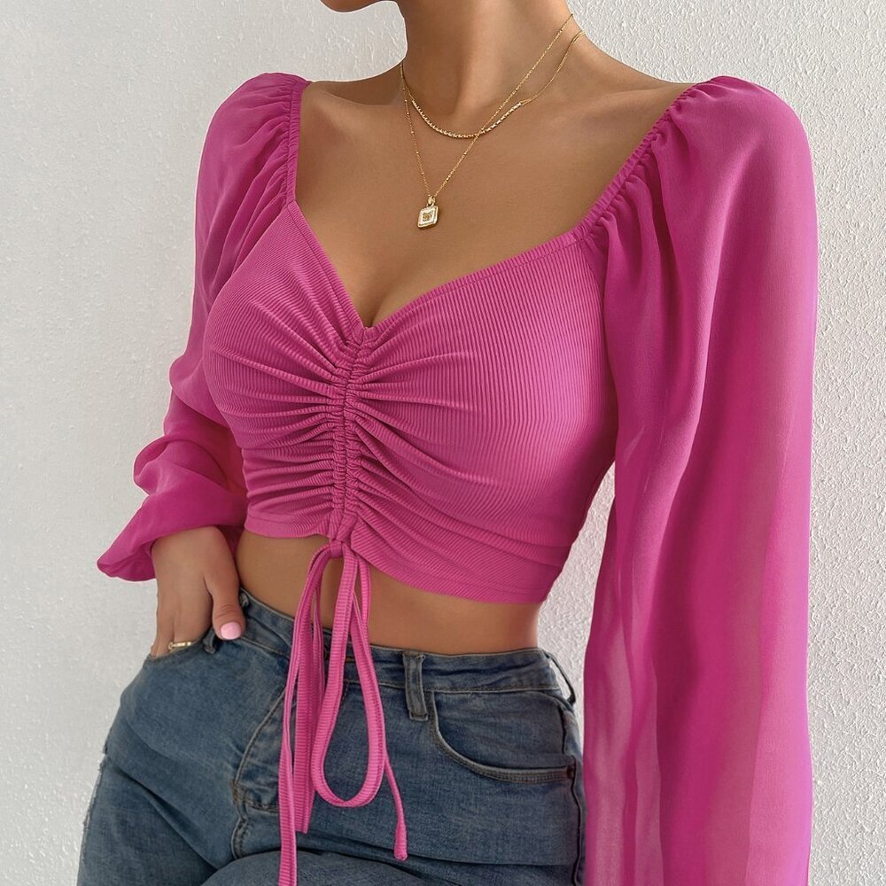 Hot Pink Casual Women's Heart Neck Drawstring Ruched Long Sleeve Top - Picture 6 of 6
